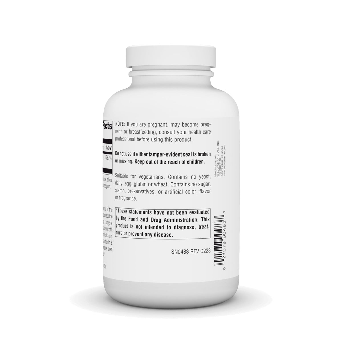 Bouteille de Vitamine E Source Naturals avec étiquette visible