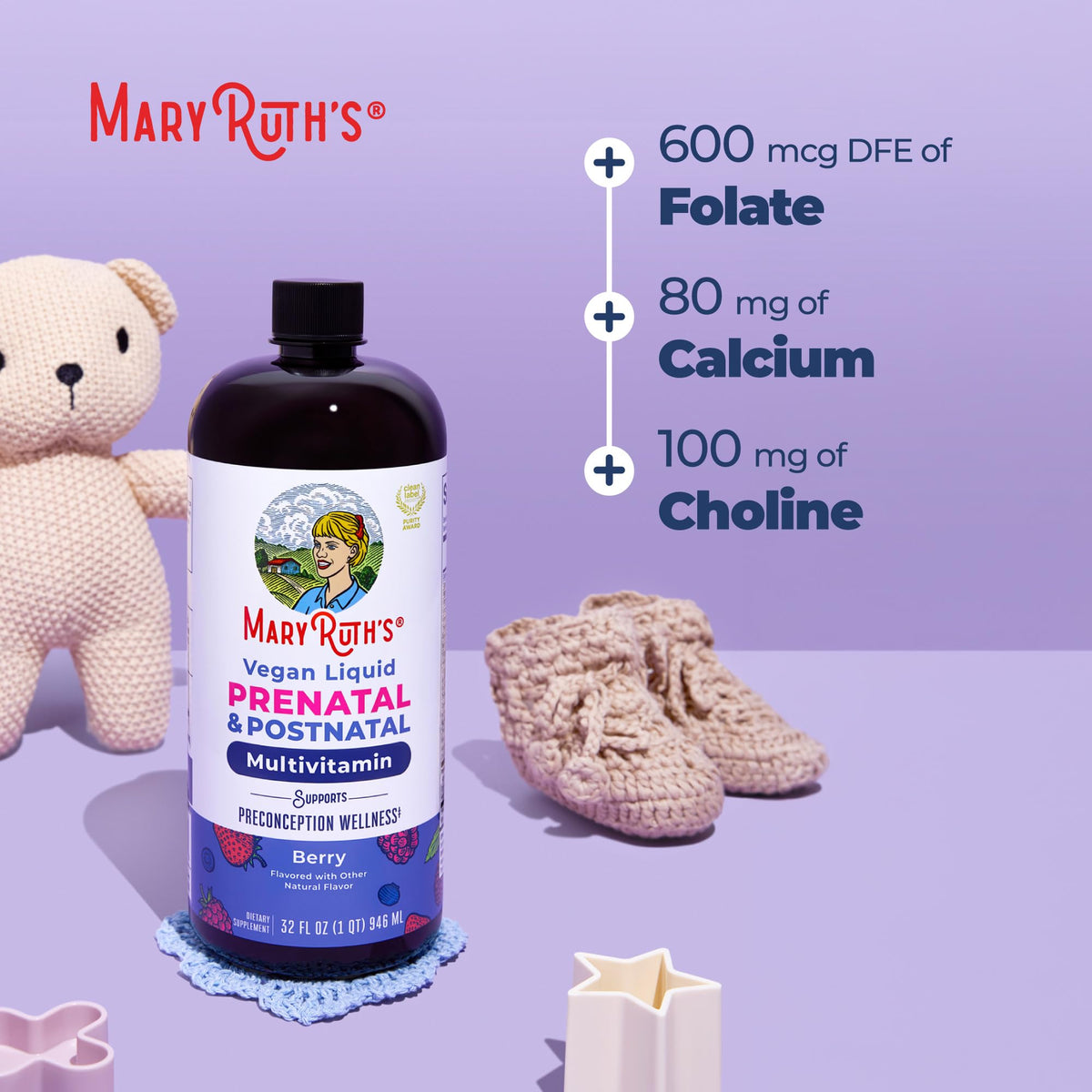 Bouteille de vitamines MARYRUTH'S au milieu d'aliments sains