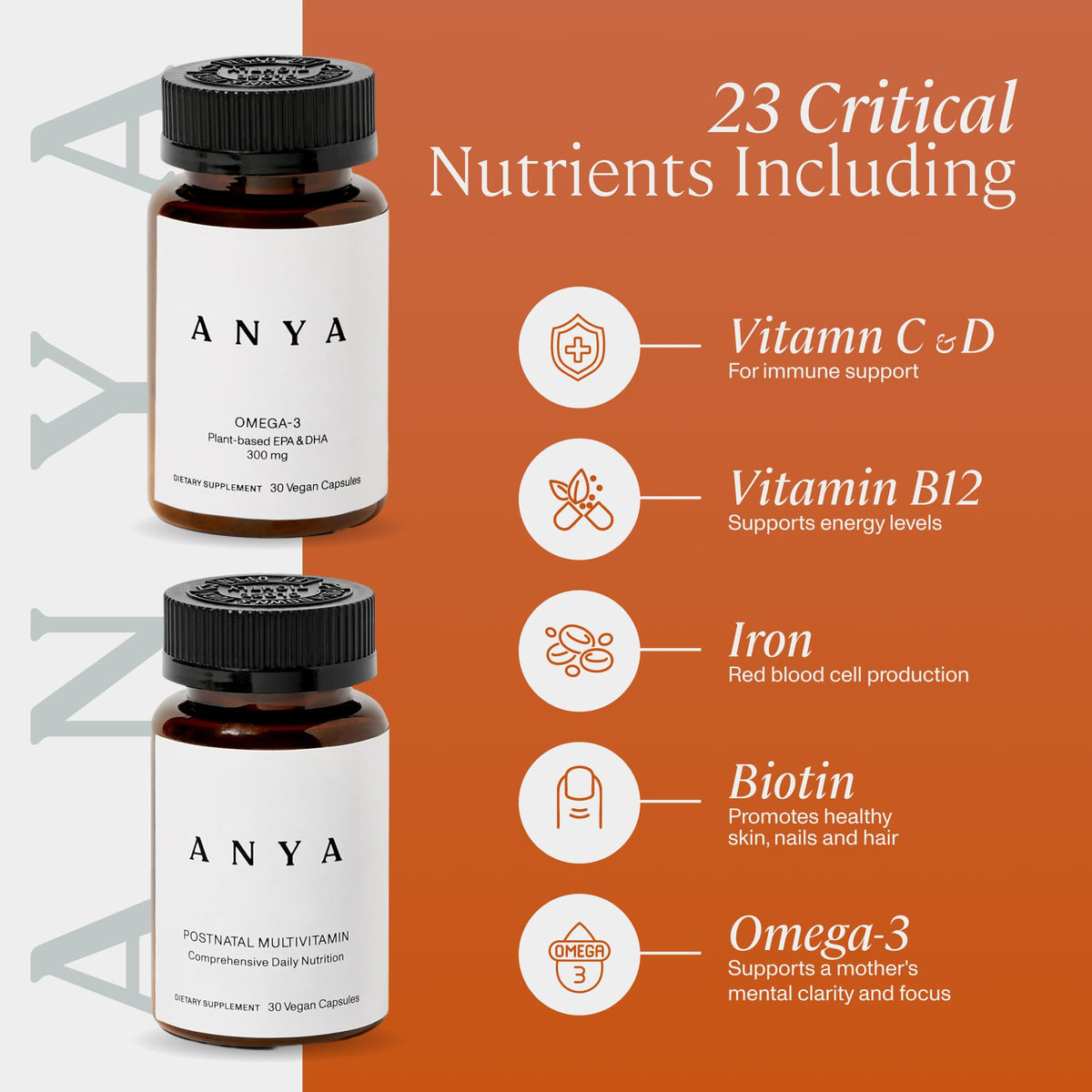 Bouteille de vitamines postnatales ANYA vue de côté