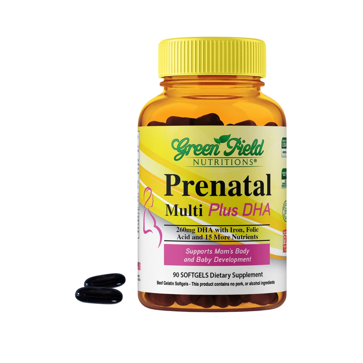 Bouteille de vitamines prénatales Halal GREEN FIELD NUTRITIONS vue de face