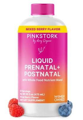 Bouteille de vitamines prénatales liquides Pink Stork vue de face