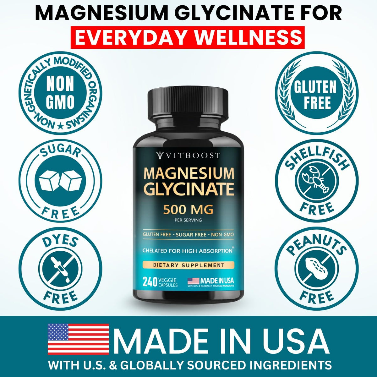 Bouteille de VITBOOST Magnésium Glycinate 500mg avec étiquette détaillée