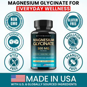 Bouteille de VITBOOST Magnésium Glycinate 500mg avec étiquette détaillée