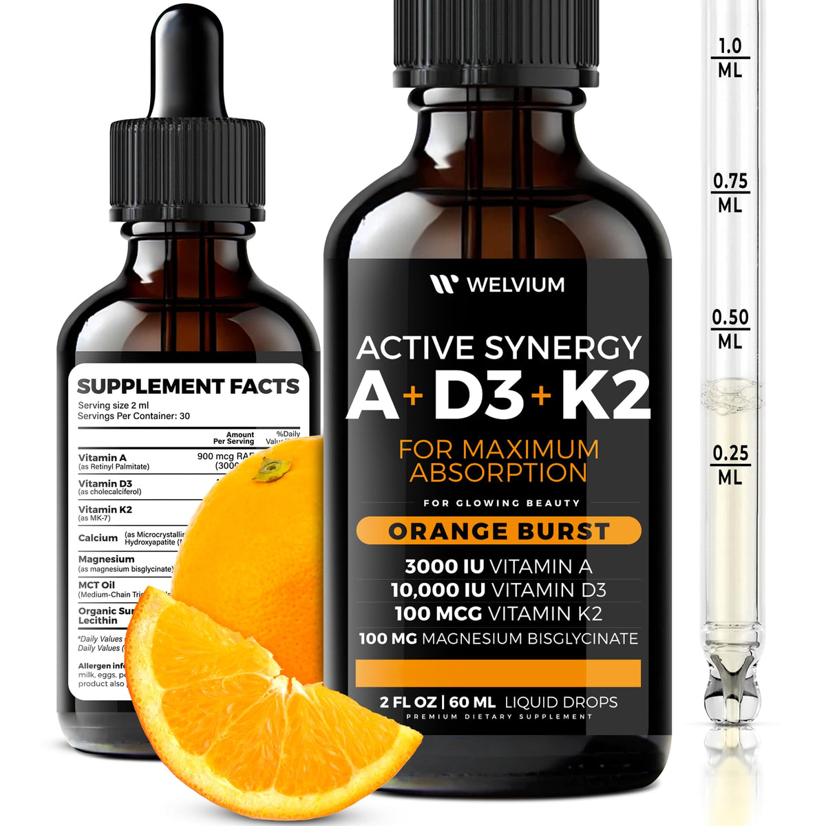 Bouteille de WELVIUM Vitamine D3 K2 7-en-1 vue avant avec étiquette