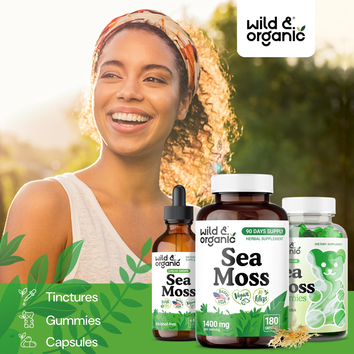 Bouteille de Wild & Organic algues maritimes et capsules sur table