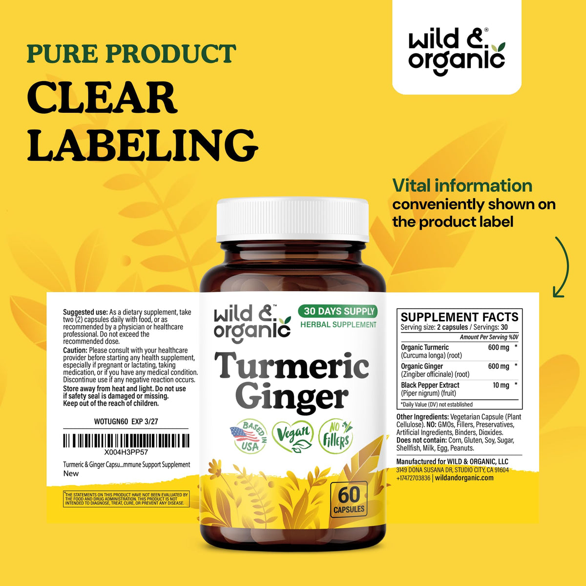 Bouteille de Wild & Organic avec capsules à côté