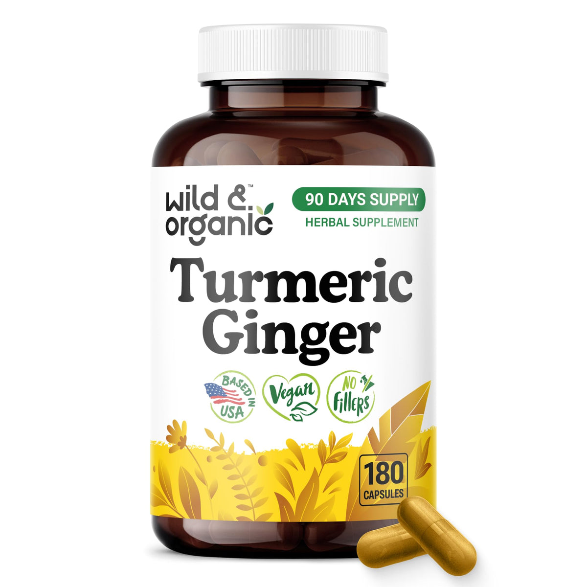 Bouteille de Wild & Organic Capsules de Curcuma et Gingembre 180 comprimés vue de face