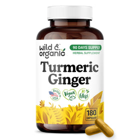 Bouteille de Wild & Organic Capsules de Curcuma et Gingembre 180 comprimés vue de face
