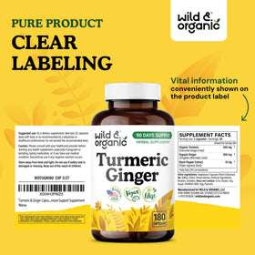 Bouteille de Wild & Organic Capsules de Curcuma et Gingembre avec vue de côté