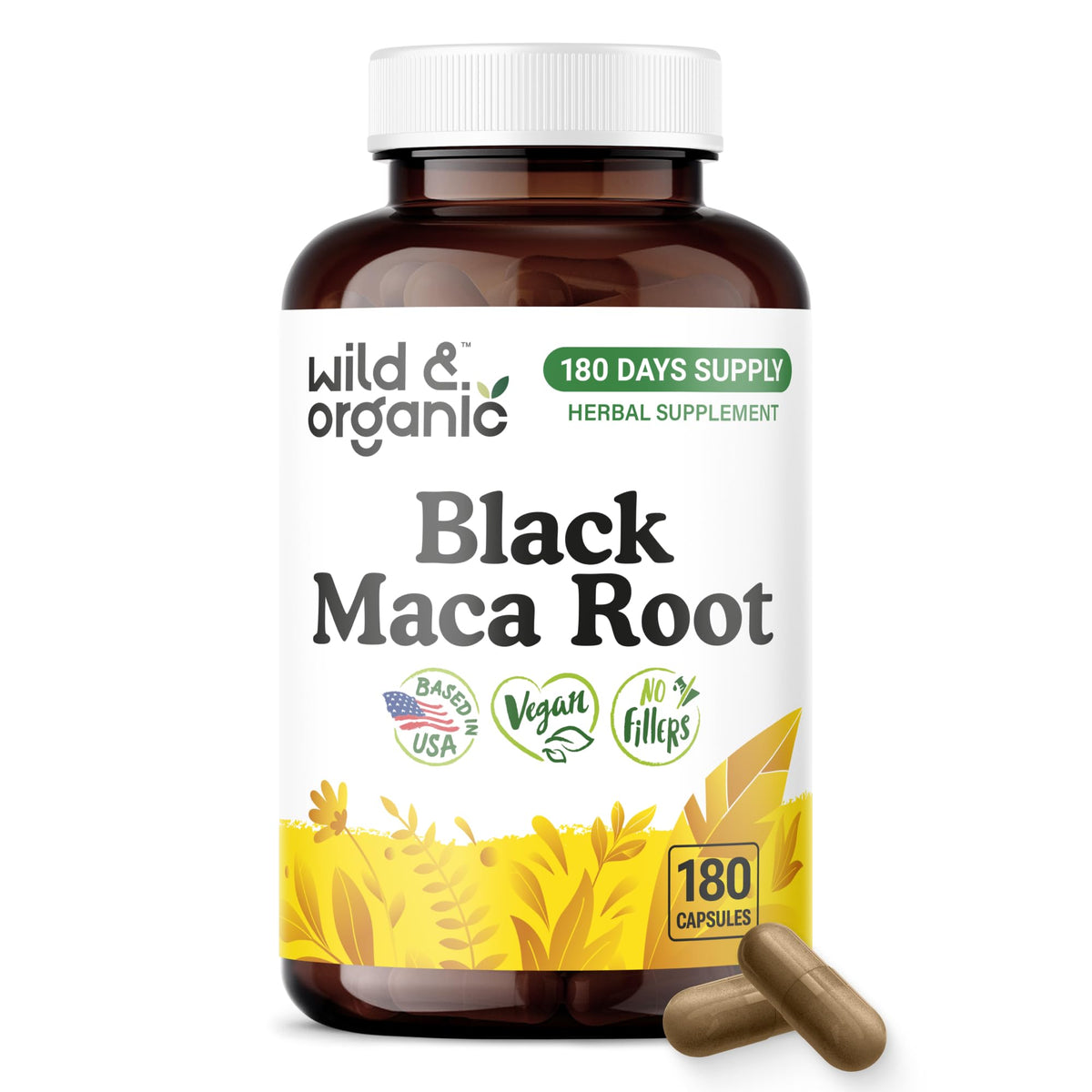 Bouteille de Wild & Organic capsules de maca noire 500 mg vue de face
