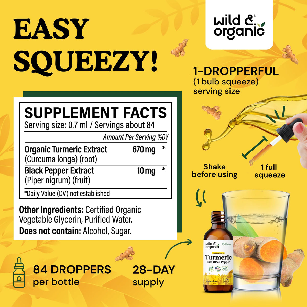 Bouteille de Wild & Organic Curcuma avec gouttes à côté