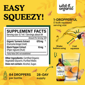 Bouteille de Wild & Organic Curcuma avec gouttes à côté