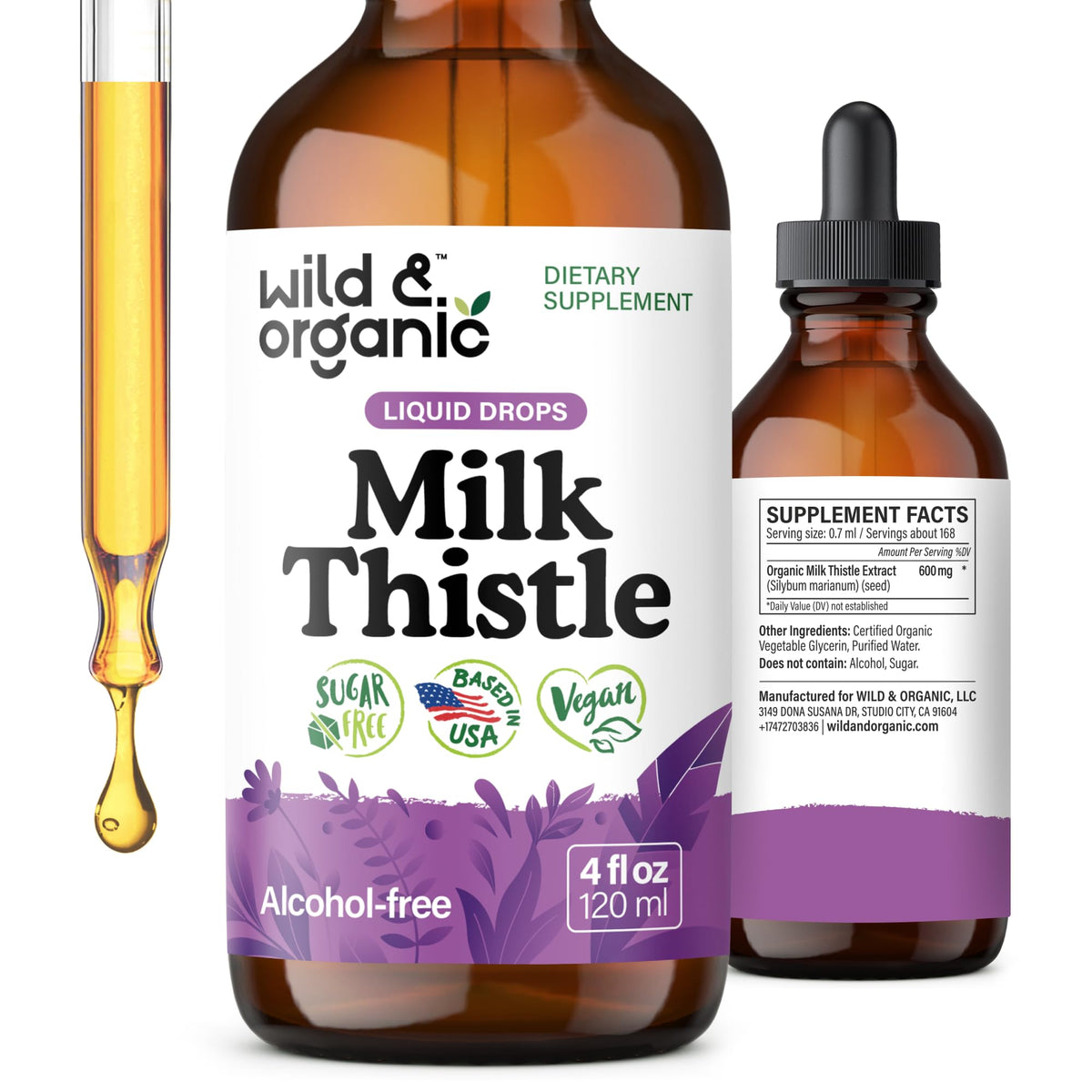 Bouteille de Wild & Organic Goutte de Chardon-Marie 4 oz vue de face