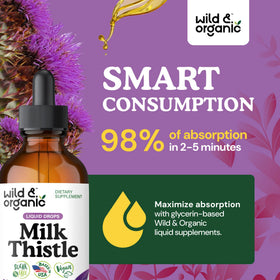 Bouteille de Wild & Organic Goutte de Chardon-Marie sur une table en bois