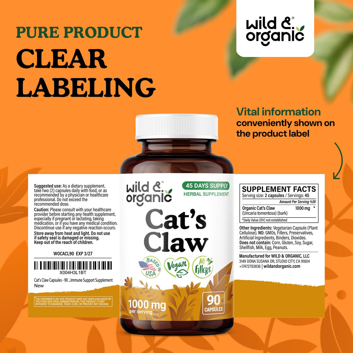 Bouteille de Wild & Organic Griffe du Chat 1000 mg avec dosage visible