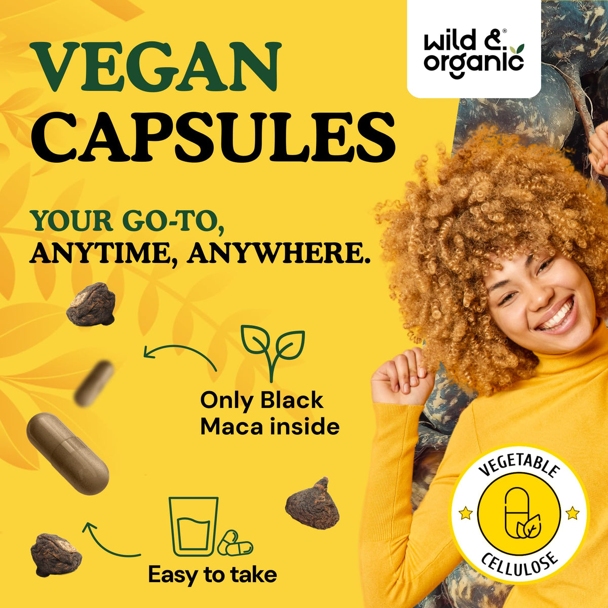 Bouteille de Wild & Organic maca noire avec étiquette visible