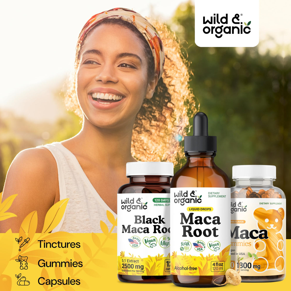 Bouteille de Wild & Organic Maca Root Liquide 4oz avec fond naturel