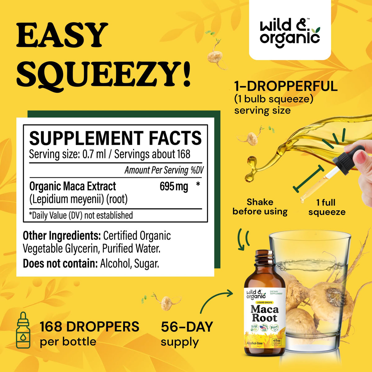 Bouteille de Wild & Organic Maca Root Liquide 4oz avec gouttes
