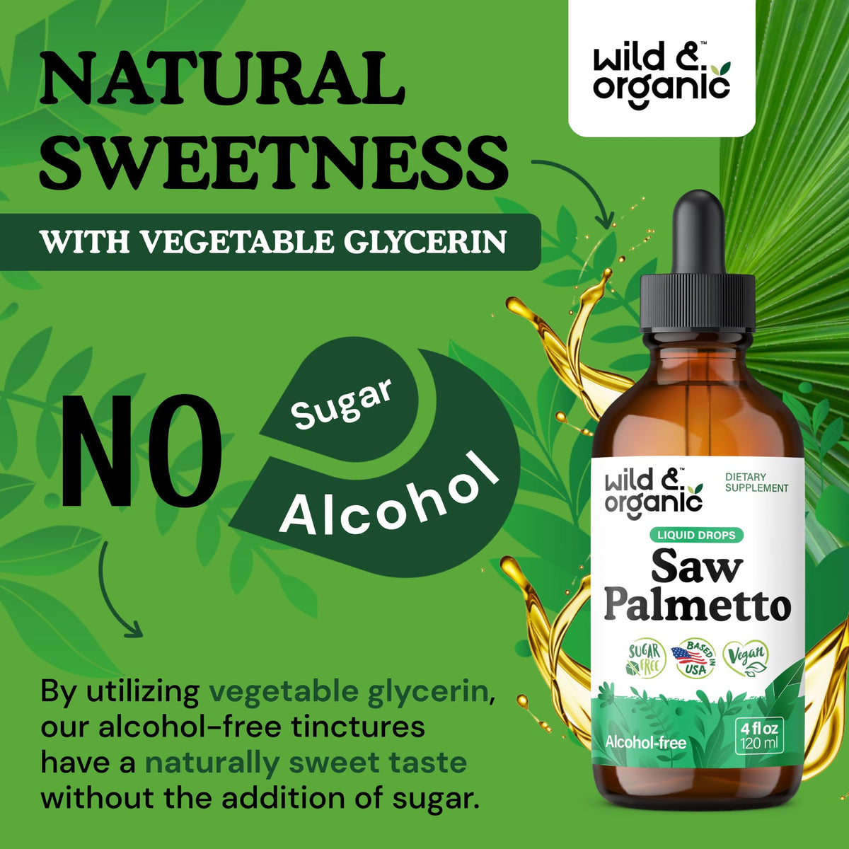 Bouteille de Wild & Organic Saw Palmetto 4 oz avec des baies de saw palmetto