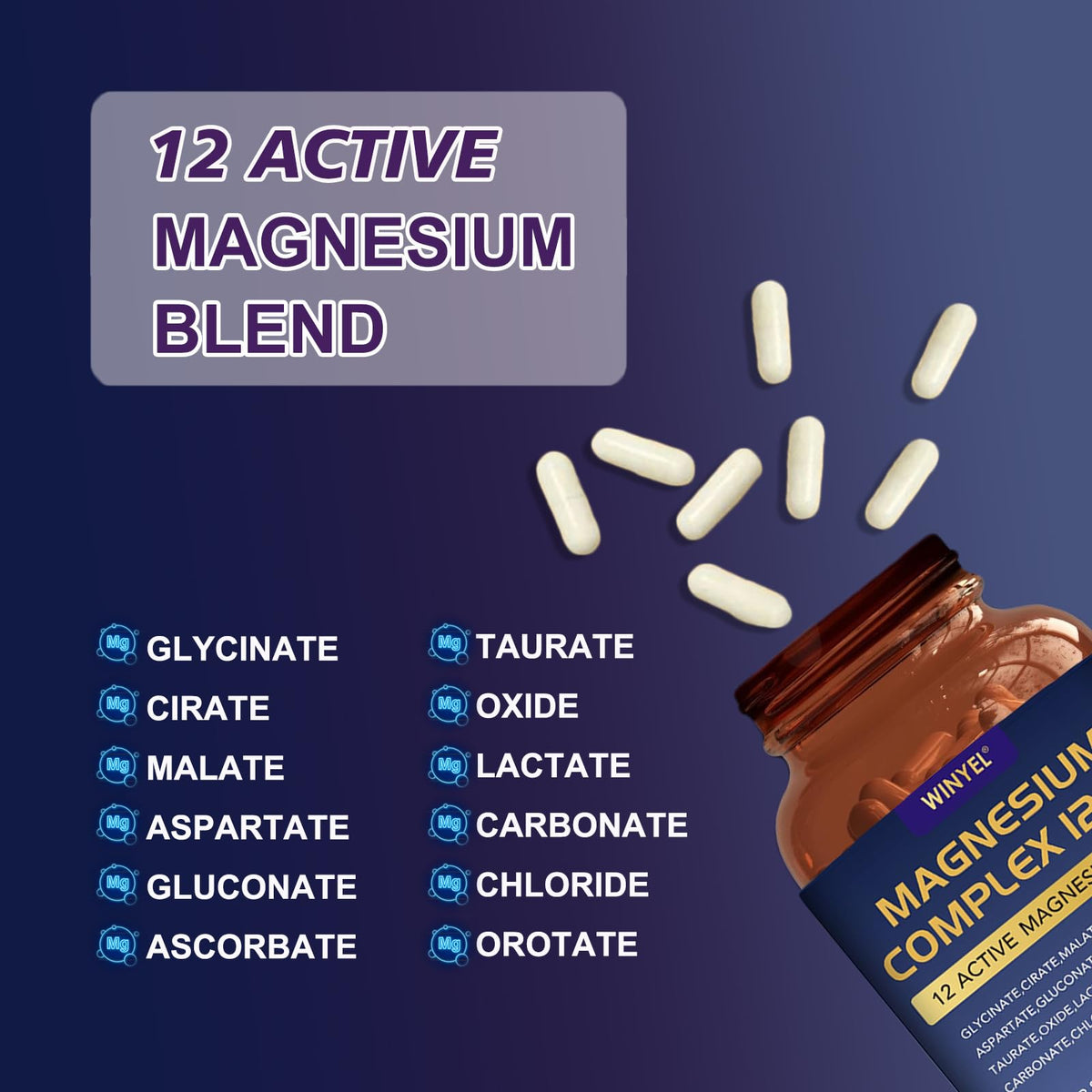 Bouteille de WINYEL complexe de magnésium avec capsules à côté