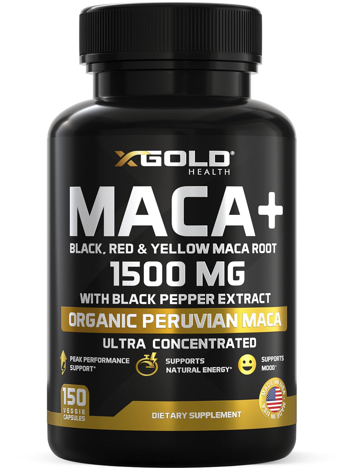 Bouteille de X Gold Health Maca Bio 1500 mg avec 150 capsules végétales