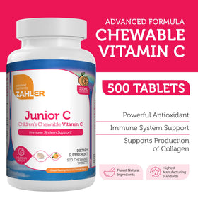 Bouteille de Zahler Junior C Chewable 500 comprimés, étiquette visible