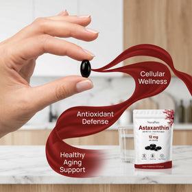Bouteille de ZALPNUP Astaxanthin 12mg avec gélules en arrière-plan