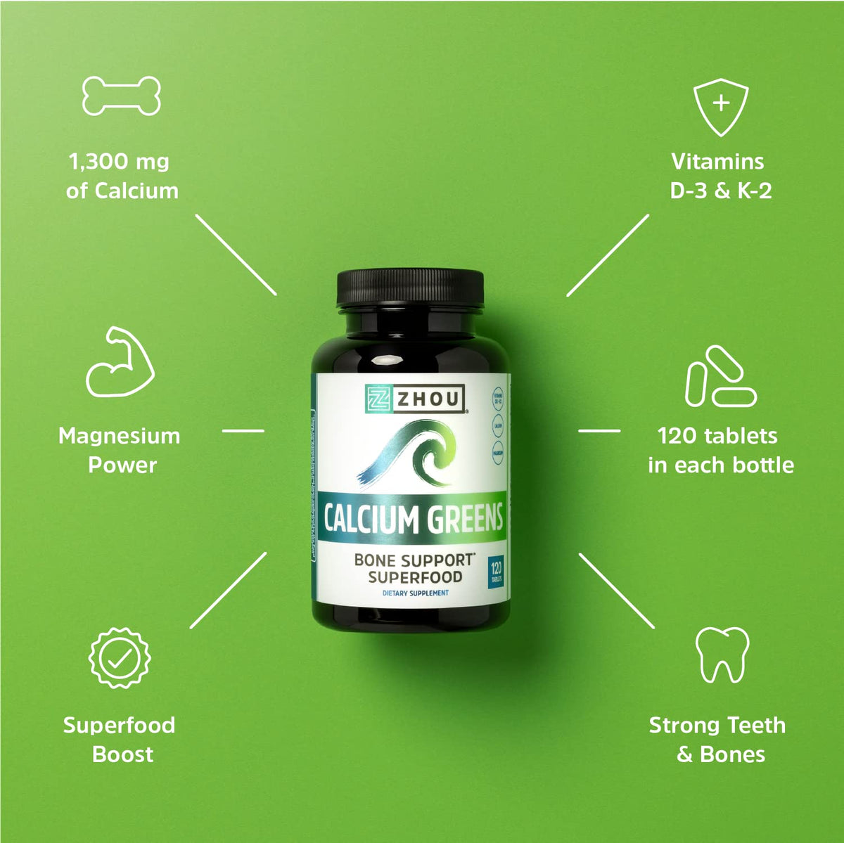 Bouteille de ZHOU Calcium Greens ouverte avec comprimés visibles