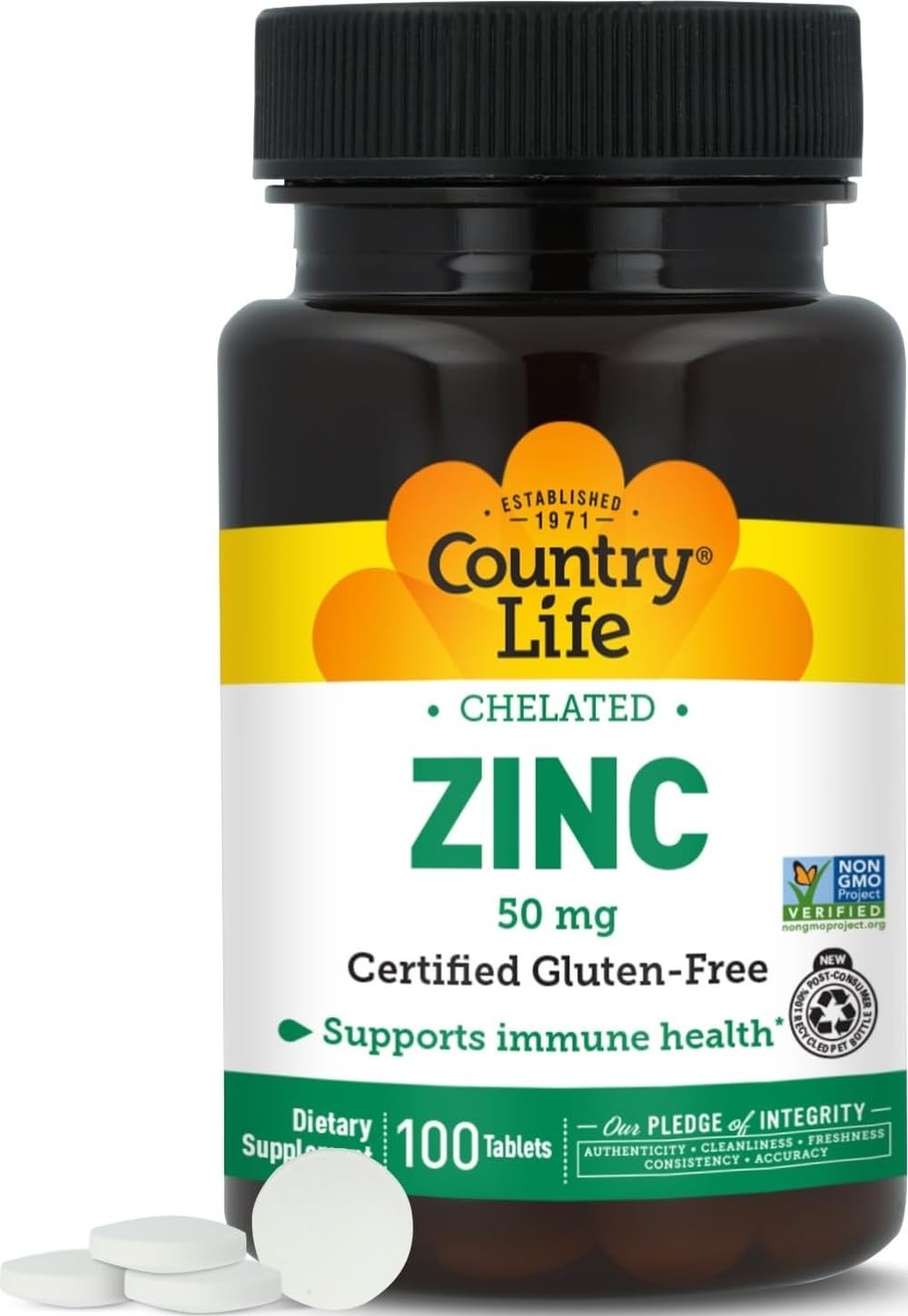 Bouteille de Zinc Chélaté Country Life 50 mg, 100 tablettes