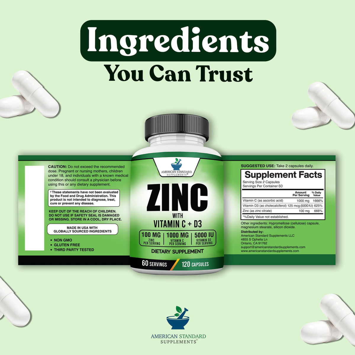 Bouteille de Zinc, Vitamine C et D3 dans un environnement bien-être