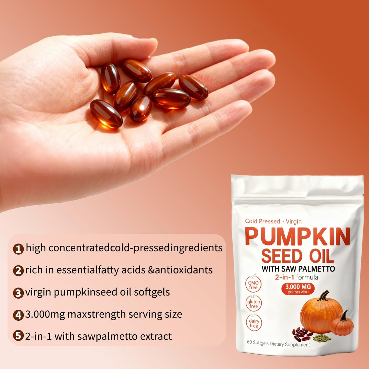 Bouteille des Capsules d'Huile de Graines de Citrouille KITABIO avec 60 softgels