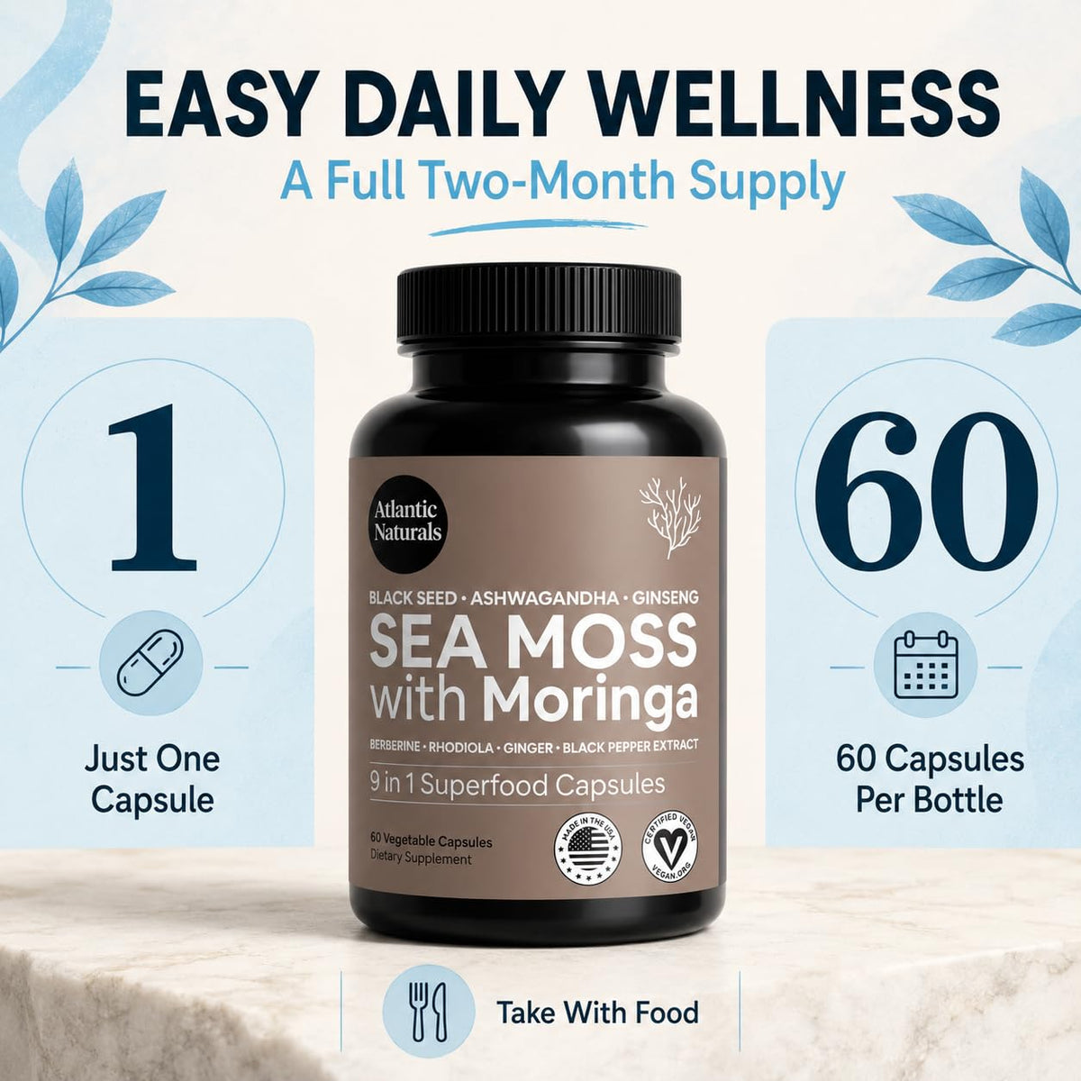 Bouteille des Capsules de Mousse de Mer Atlantic Naturals ouverte