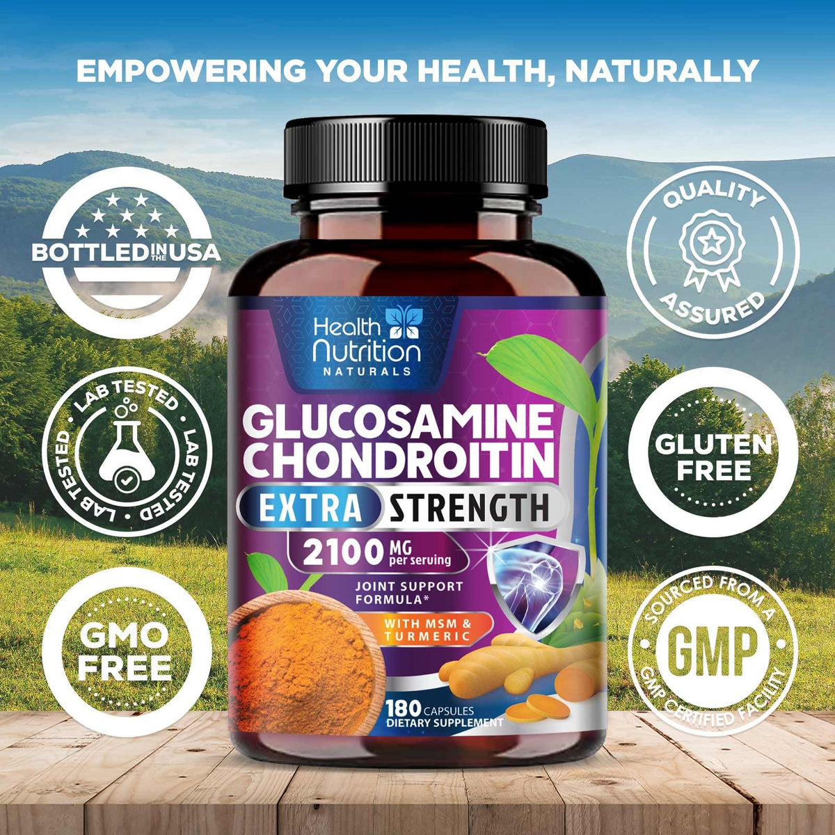 Bouteille du complexe Glucosamine Chondroïtine sur une table en bois