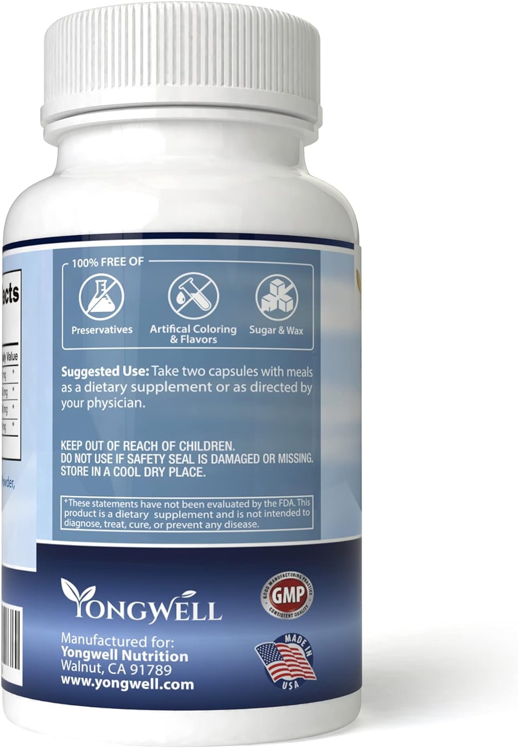 Bouteille du complexe total des yeux YongWell ouverte montrant des capsules