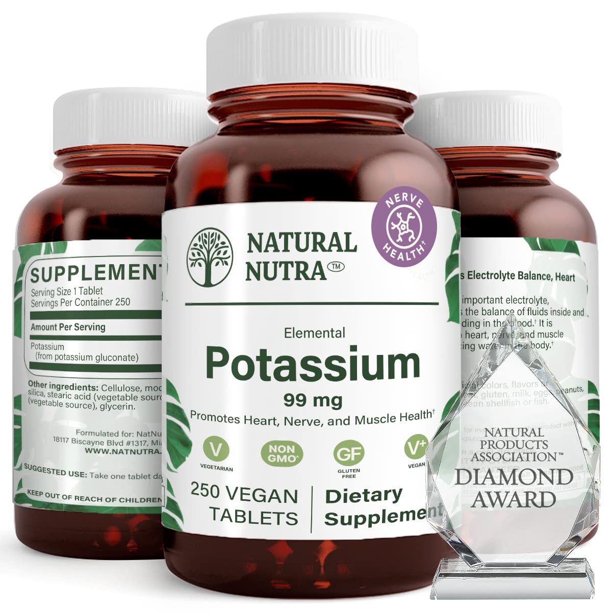 Bouteille en verre ambré de gluconate de potassium 99 mg Natural Nutra