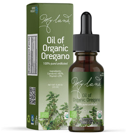 Bouteille en verre ambre de l'huile d'origan bio MY LAND, 10 ml