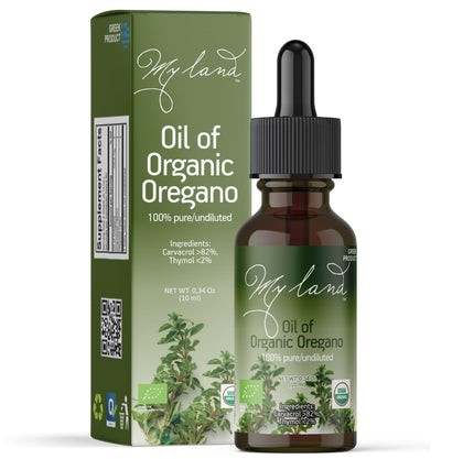 Bouteille en verre ambre de l'huile d'origan bio MY LAND, 10 ml