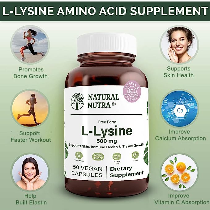 Bouteille en verre ambré de L-Lysine HCl, étiquette visible