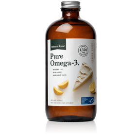 Bouteille en verre ambré de Natural Force Pure Omega 3 avec étiquette lemon cake
