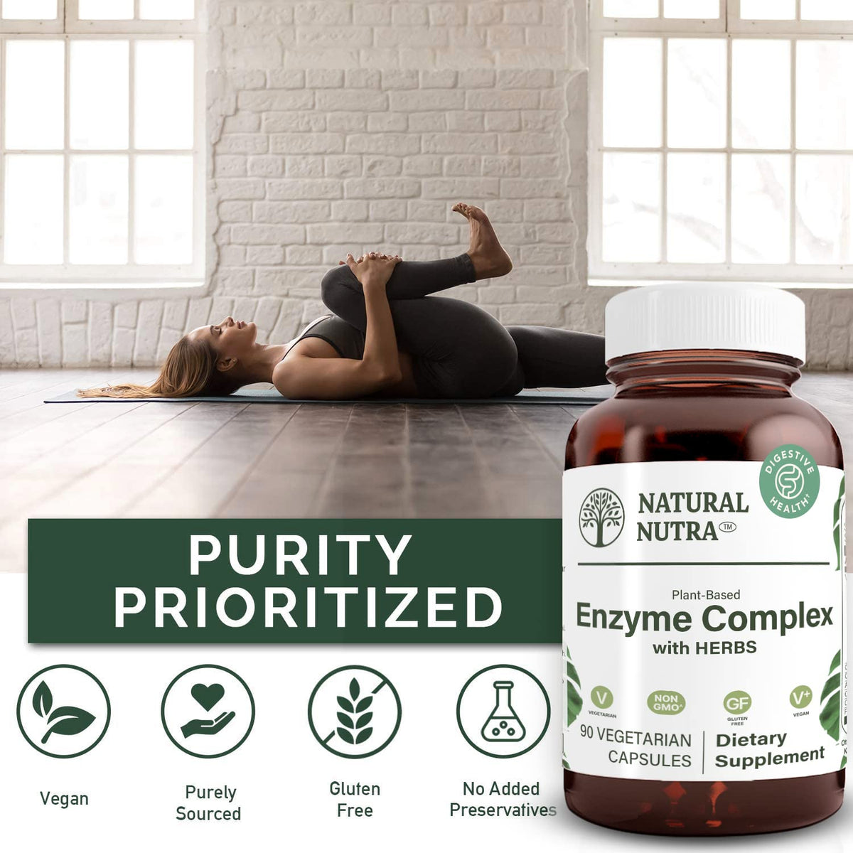 Bouteille en verre ambré du complexe d'enzymes végétales Natural Nutra