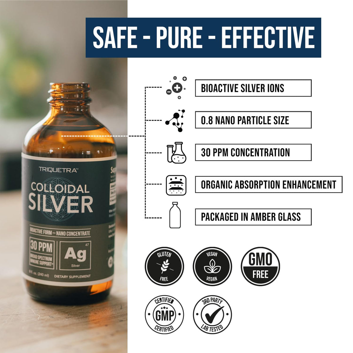 Bouteille en verre d'Argent Colloïdal Bioactif avec des ingrédients naturels
