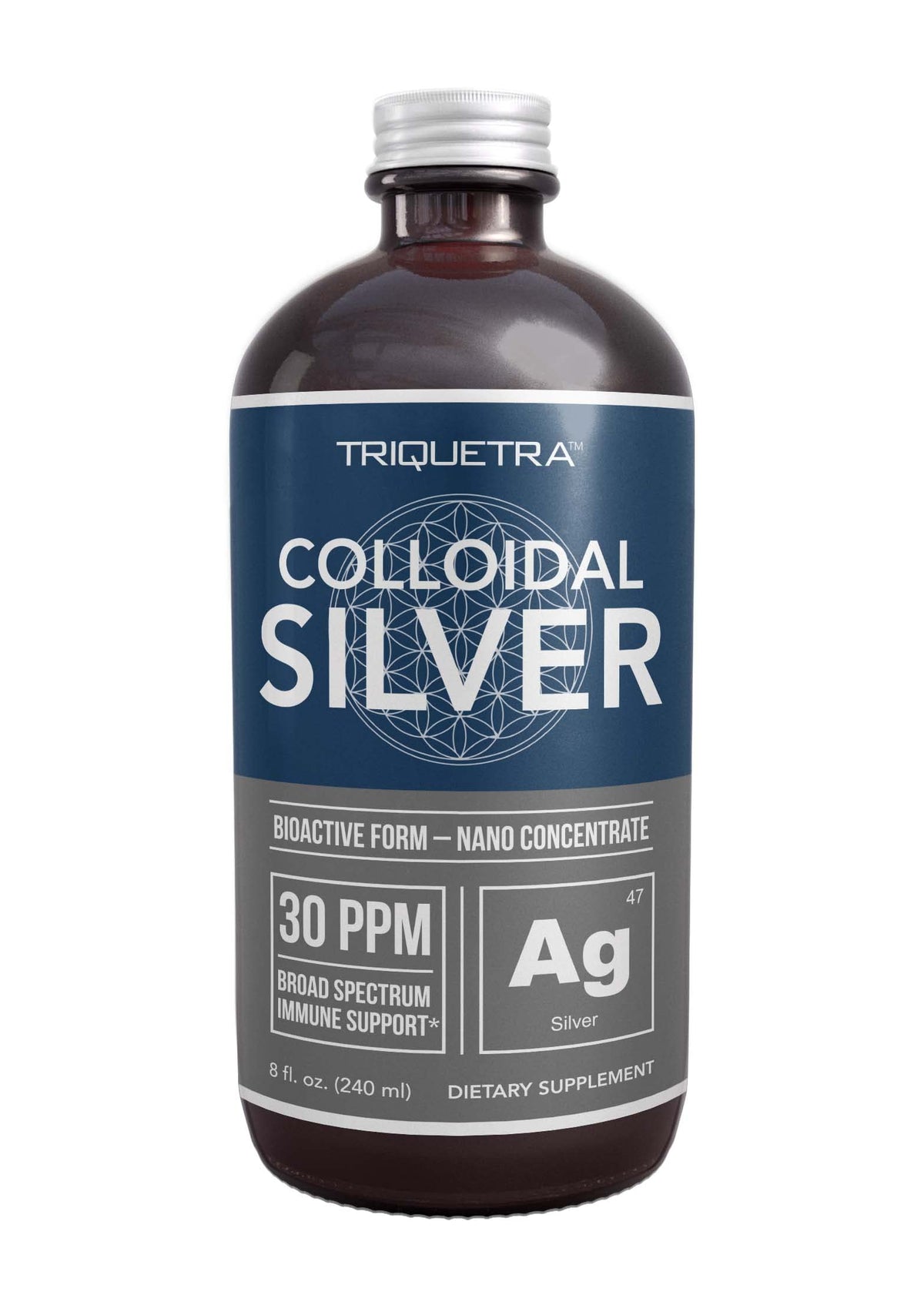 Bouteille en verre d'Argent Colloïdal Bioactif Triquetra Health 240 ml