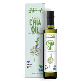 Bouteille en verre d'huile de graines de chia bio 500 ml vue avant