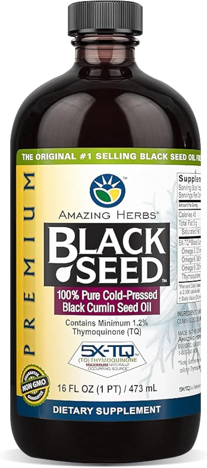 Bouteille en verre d'huile de graines noires Amazing Herbs 16 Fl Oz