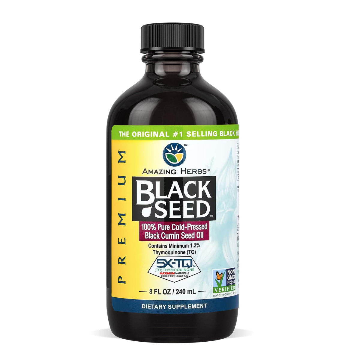 Bouteille en verre d'huile de graines noires Amazing Herbs 240 ml
