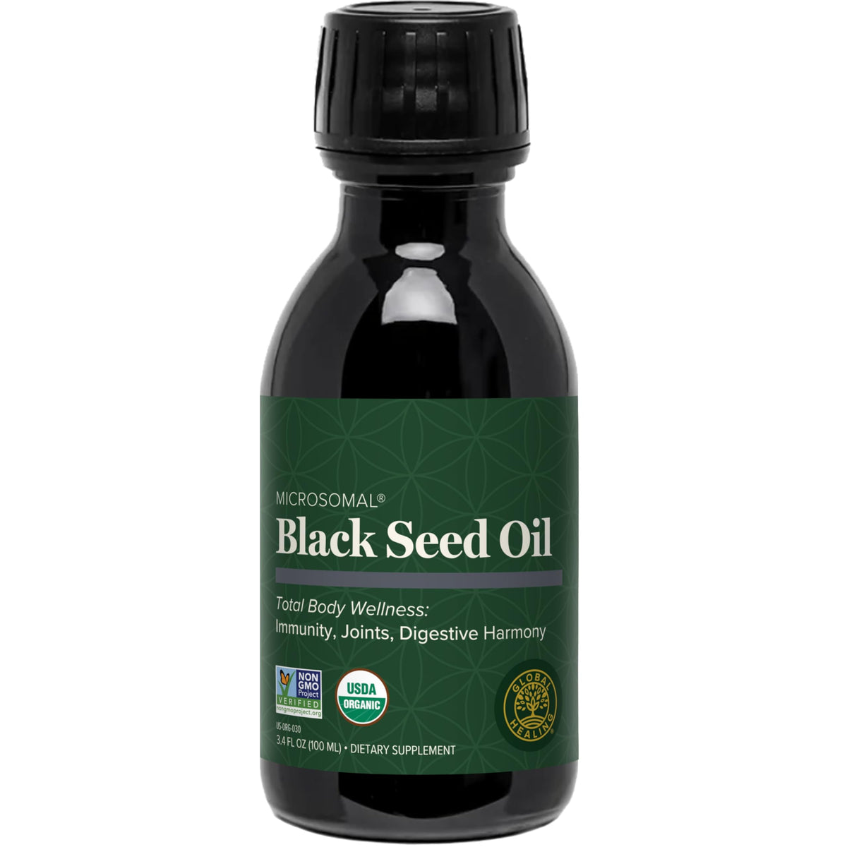 Bouteille en verre d'huile de nigelle 100% pure Global Healing Center