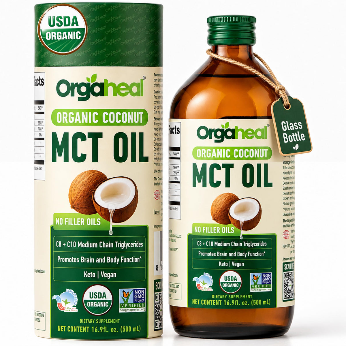 Bouteille en verre d'huile MCT Bio Orgaheal 500 ml