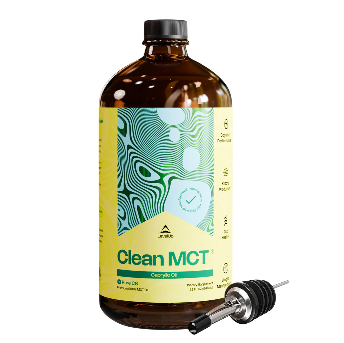 Bouteille en verre de 32 oz d'huile MCT Pure C8 de LevelUp