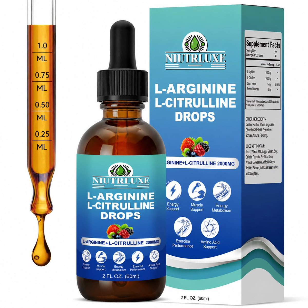 Bouteille en verre de NIUTRLUXE L-Citrulline L-Arginine 1000mg Liquide