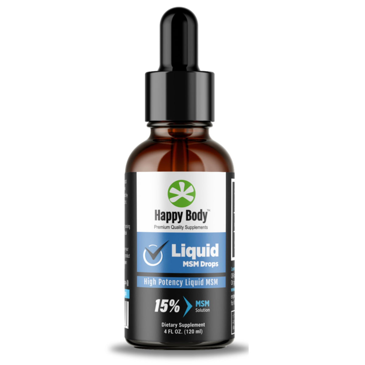 Bouteille en verre HAPPY BODY Gouttes de MSM 15% avec compte-gouttes
